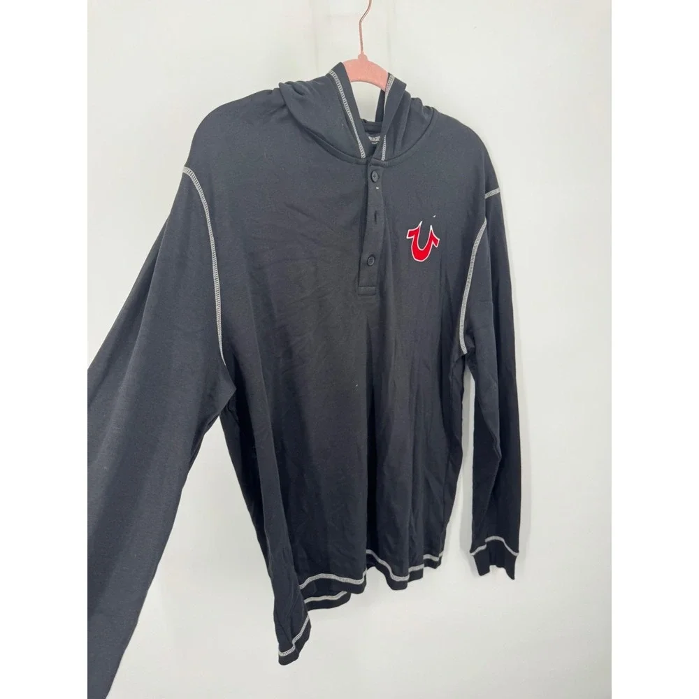 NWT True Religion Flocked Logo Hooded Henley T-Shirt Shirt Men's Large Jet Black